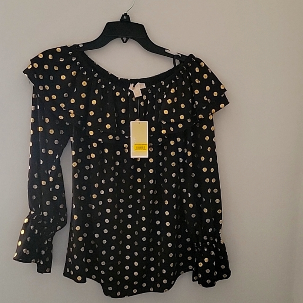 Michael Kors 3/4 Sleeve Top Black Gold Metallic Sz M NWT